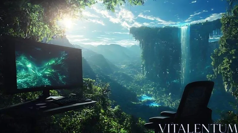 Computer workspace overlooking vast fantasy jungle valley.