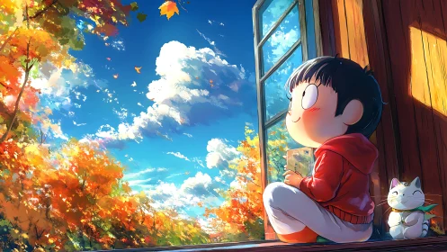 Autumn daydream window gazing with a rosy-cheeked child.