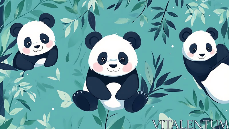 Illustrated panda figures arranged among stylized foliage.
