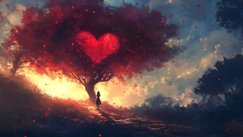 Solitary figure beneath tree with heart-shaped luminous canopy.