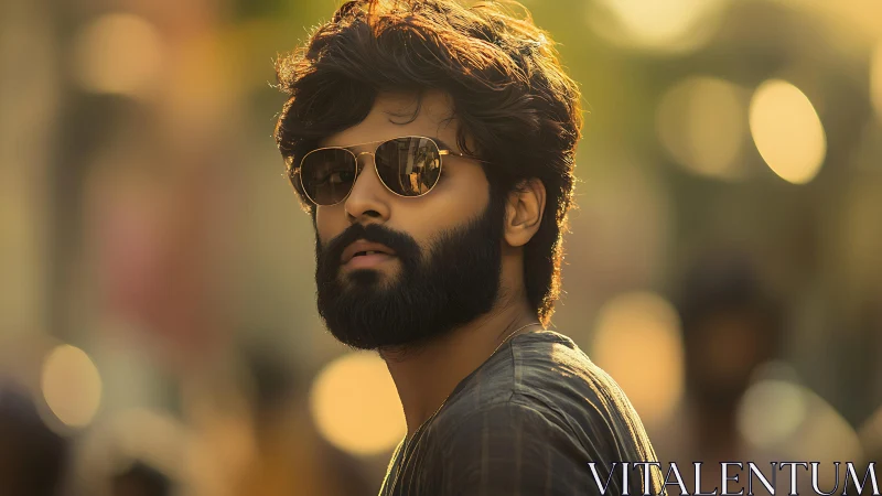 Bearded man in sunglasses under golden bokeh streetlight glow.