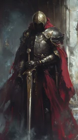 Gothic armored knight with crimson cloak, vertical digital study.