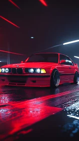 Sleek red night cruiser glowing under rainy city lights.