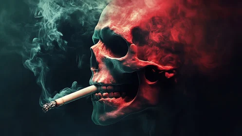 Digital skull profile holds lit cigarette amid colored smoke