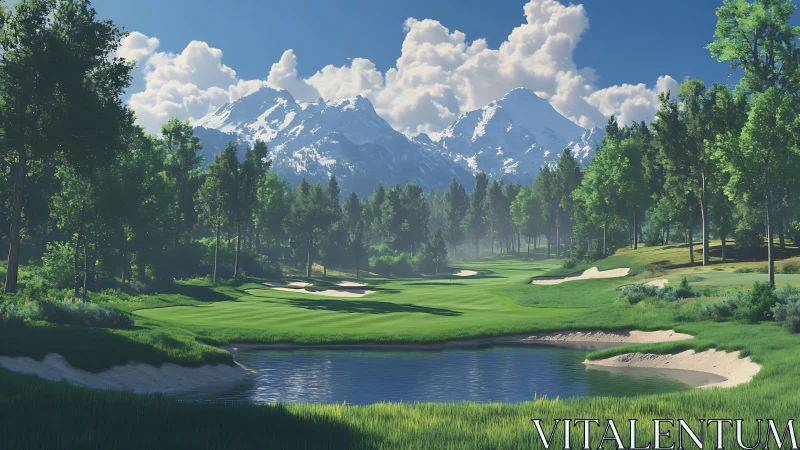 Sunlit mountain golf course rests beneath dramatic clouds