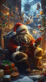 Santa in antler crown reading digital list by fireside.