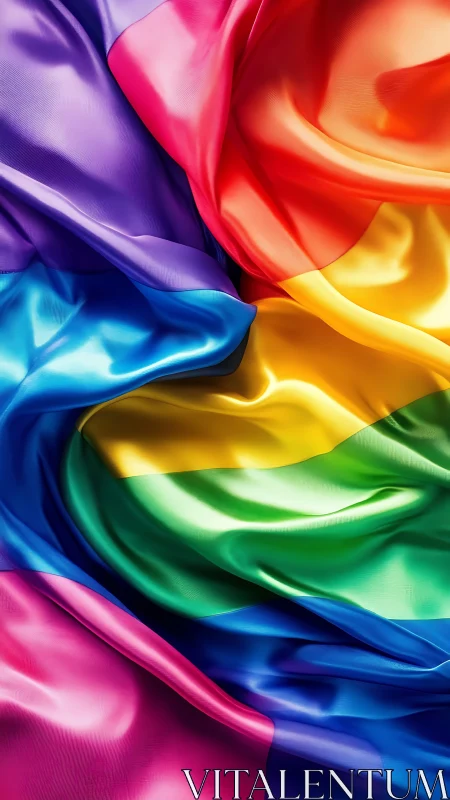 Vibrant satin rainbow flag fabric folds in closeup view.