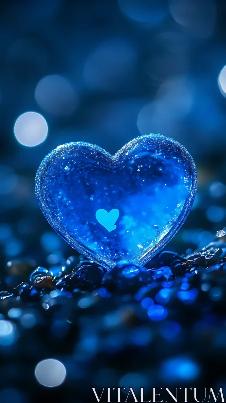 Glowing Crystal Heart with Inner Light in Blue Bokeh.