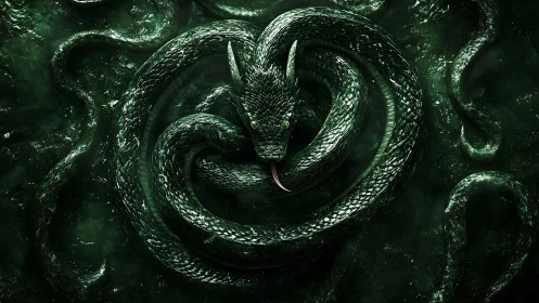 Emerald serpent coiled in shadowy depths of a dark dream.
