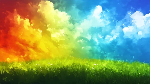 Vibrant rainbow sky over luminous digital grassland field.