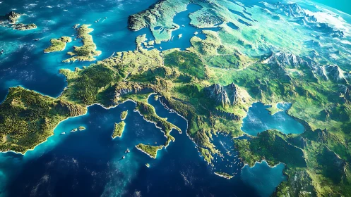 Vibrant bird’s eye journey over sunlit Europe and seas.