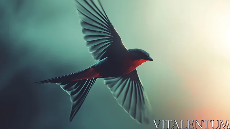 Vibrant bird in mid-flight with dramatic lighting and soft background.