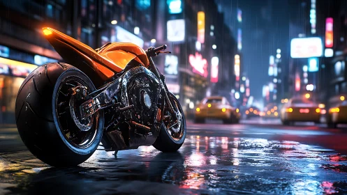 Futuristic motorcycle stands on wet neon city street at night