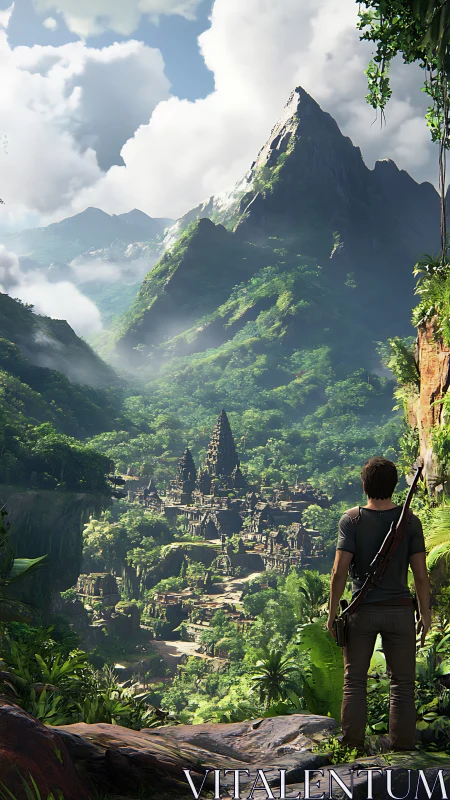 Explorer overlooking dense jungle valley and lost temple.