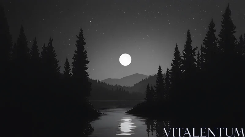 Monochrome moonlit forest lake with distant mountain ridge.