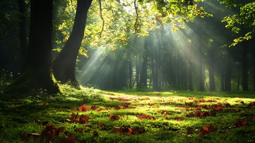 Sunlight streaming through forest canopy in serene natural style.