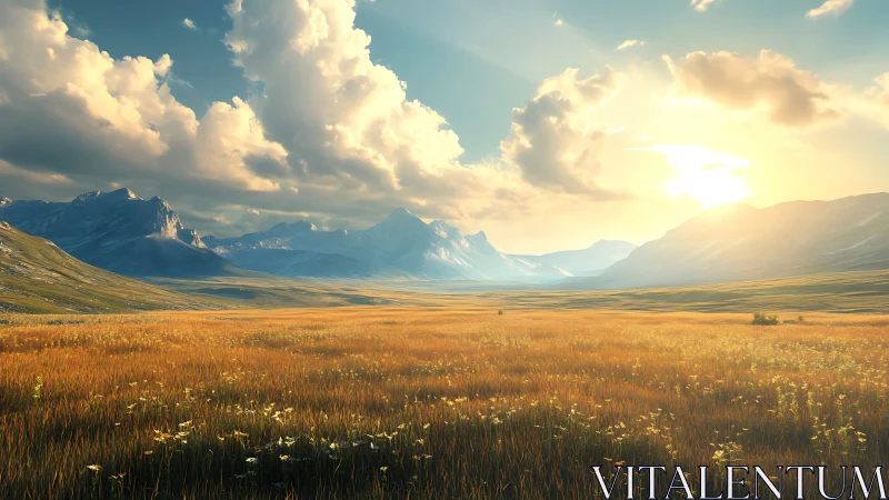Sunlit mountain meadow stretches toward a glowing high horizon