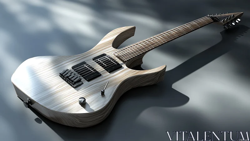 Electric guitar rests in soft light with sleek modern poise