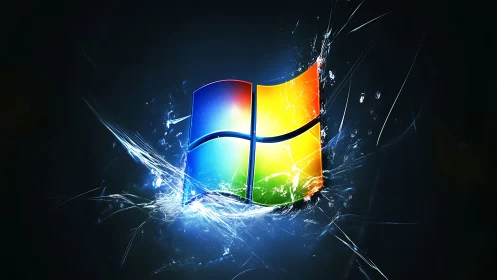 Exploding glass shards radiate around a luminous quad-color logo