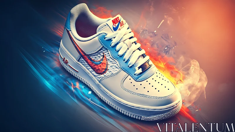 Nike Air Force style sneaker in blue and orange lighting.