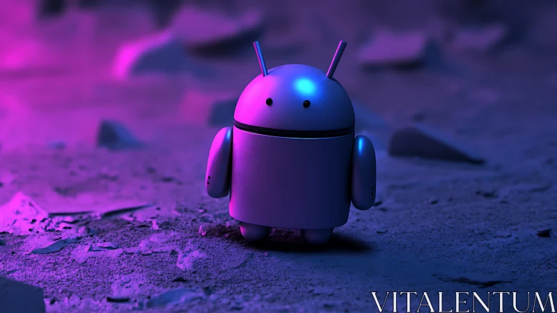 Chromatic android mascot under magenta-blue volumetric lighting.