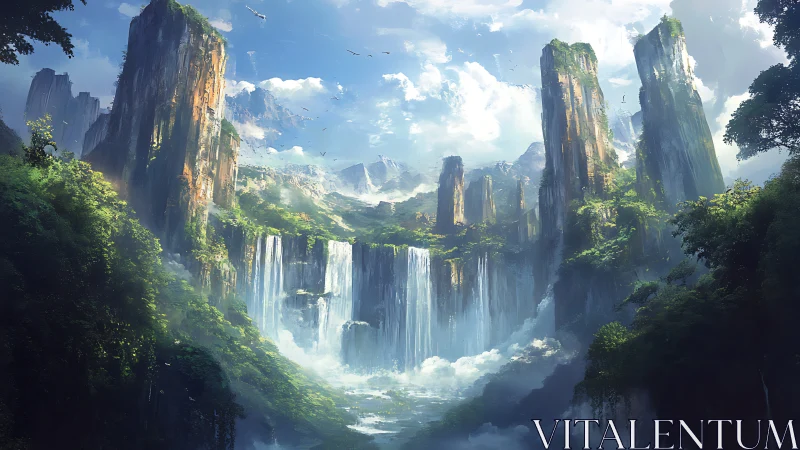 Sunlit fantasy cliffs rise above misty cascades and clouds