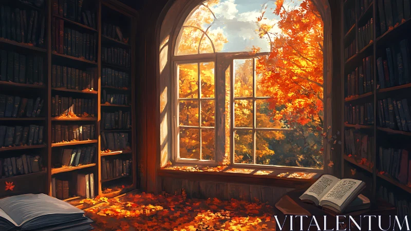 Autumn leaves whisper through a sunlit storybook library window.