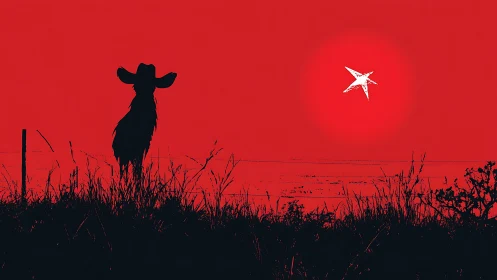Silhouette cowboy against red horizon with stylized star sun.