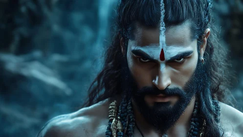 Warrior mystic glares through mist with fierce spiritual focus