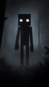 Blocky shadow figure in misty monochrome forest night.