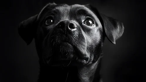 Glistening-eyed black dog in dramatic low-key portrait.