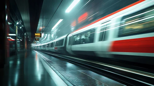 Speeding night train gliding through a rain swept station.