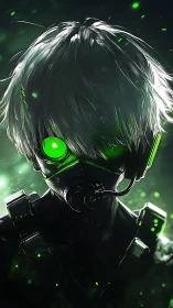Neon-eyed cyber scout in a glowing emerald haze.