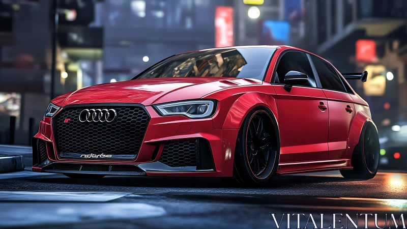 Red modified hatchback is parked on a wet urban street