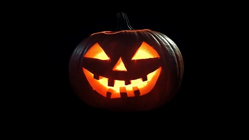 Glowing jack-o’-lantern grins in deep Halloween darkness.