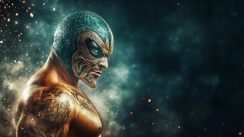 Powerful masked wrestler pauses in glowing cinematic haze