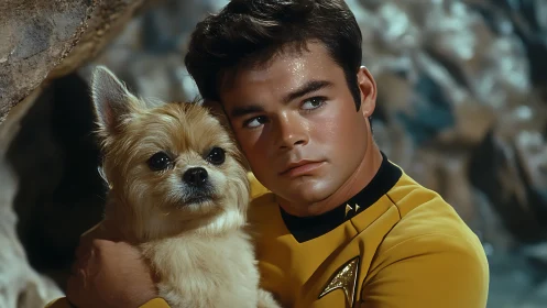 Starfleet youth in yellow uniform holding loyal dog companion.