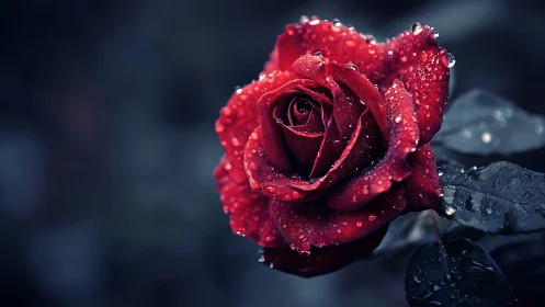 Crimson Rose Adorned with Dewdrops Against Atmospheric Blur