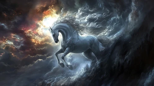 White spectral horse emerging within turbulent storm clouds.