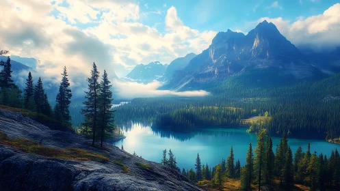 Mountain lake reflects rugged peaks under drifting clouds