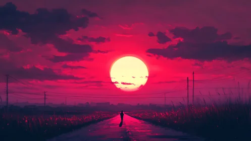 Gentle sunset walk beneath a glowing crimson sky.