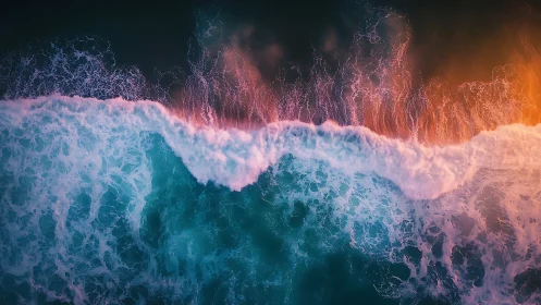 Aerial surf line with teal waves and warm sunset glow.