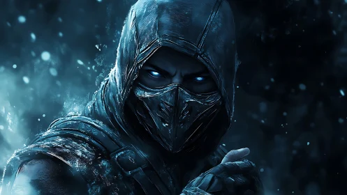 Hooded ice assassin glares with glowing frostbitten eyes.