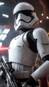 Armored space trooper stands guard in blazing starship glow.