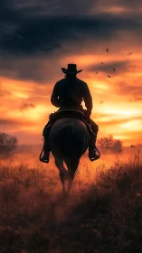 Lone cowboy rides into a blazing sunset over open prairie