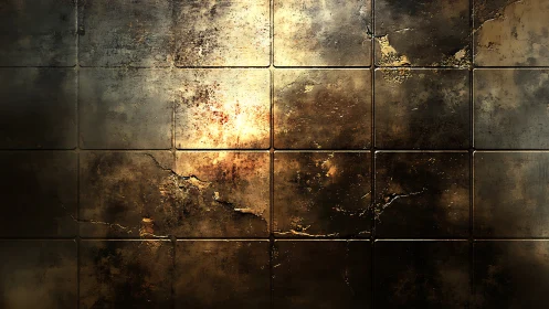 Weathered metallic wall tiles with cracked golden patina.