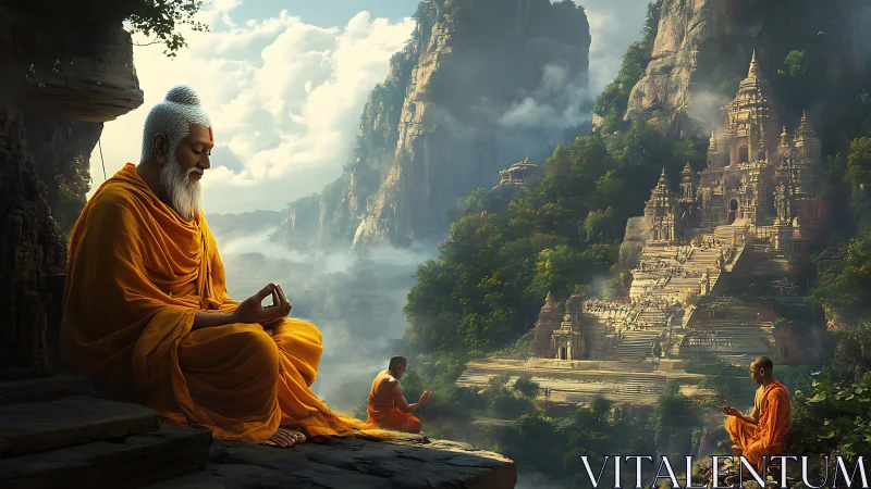 Mountain monks weaving silence around a golden cliff temple.