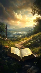 Sunlit scripture unfurls a winding path toward distant grace