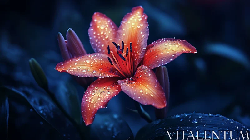Crimson Lily with Dewdrops Against Nocturnal Backdrop.