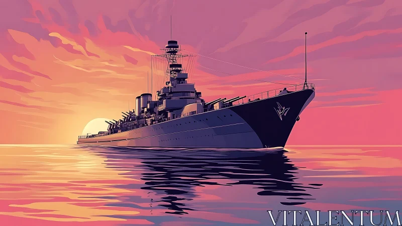 Warship silhouette sails across vivid pink sunset sea